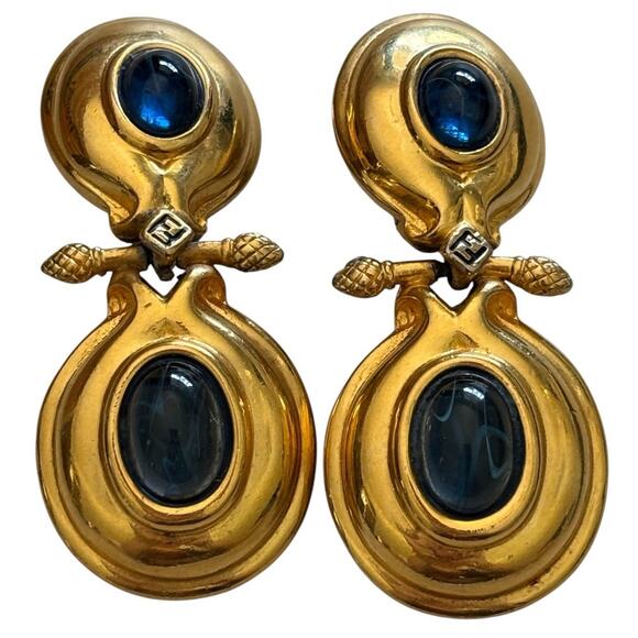 Fendi Blue Gripoix Cabochon Clip Earrings Large Double Dangle Logo 18kt GP - Picture 1 of 12
